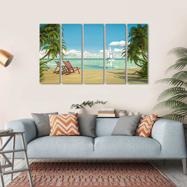 View Of A Caribbean Beach With Deck Chairs And Boat Canvas Wall Art-5 Horizontal-Gallery Wrap-22" x 12"-Tiaracle