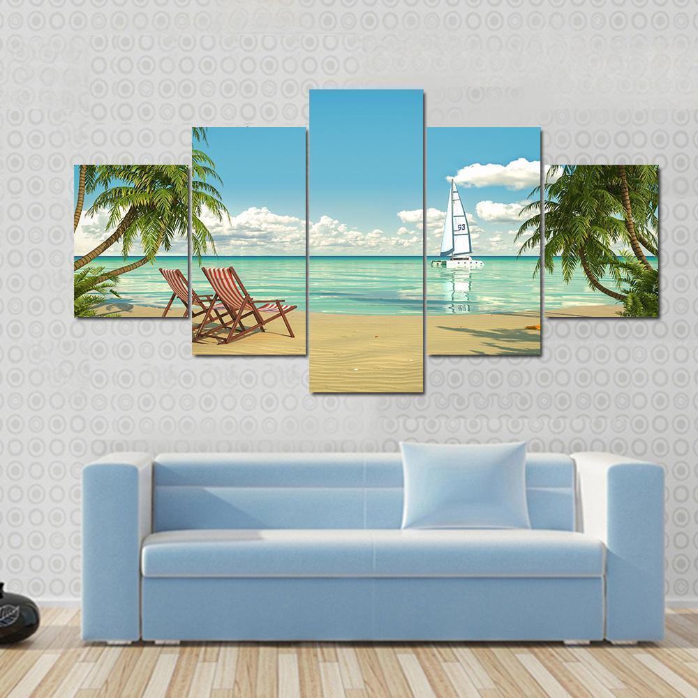 View Of A Caribbean Beach With Deck Chairs And Boat Canvas Wall Art-5 Star-Gallery Wrap-62" x 32"-Tiaracle