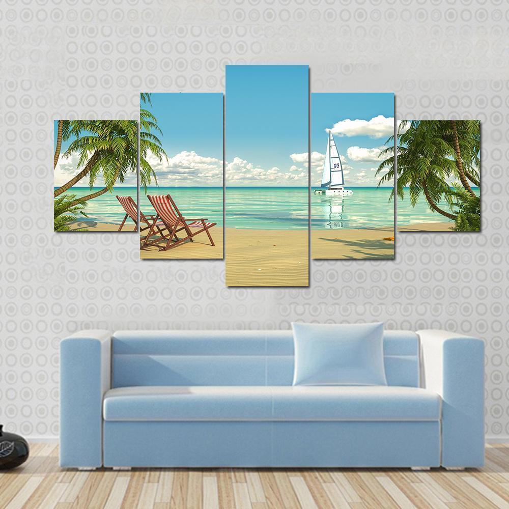 View Of A Caribbean Beach With Deck Chairs And Boat Canvas Wall Art-5 Pop-Gallery Wrap-47" x 32"-Tiaracle