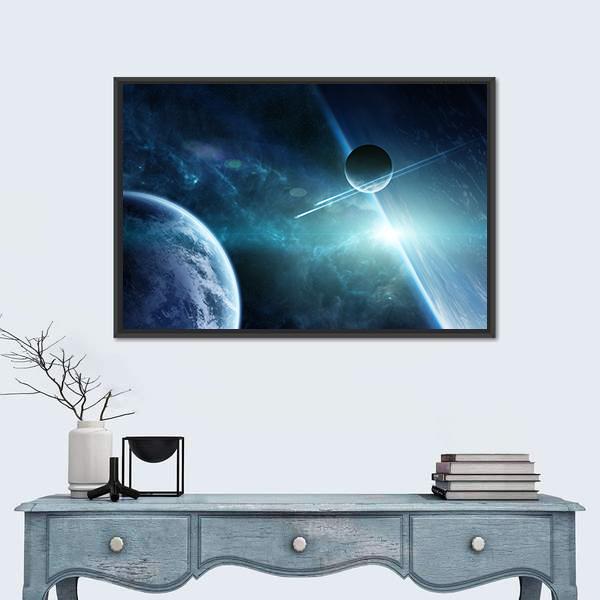 View Of A Distant Planet System From Space Canvas Wall Art-1 Piece-Floating Frame-24" x 16"-Tiaracle