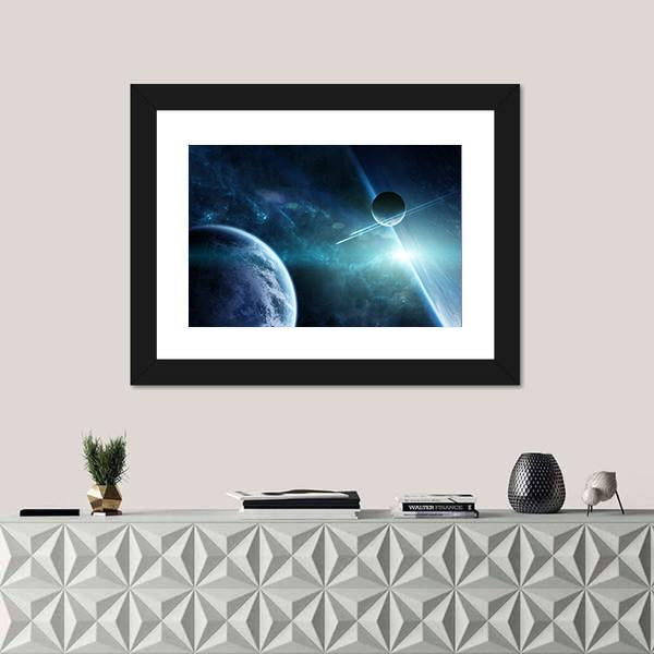 View Of A Distant Planet System From Space Canvas Wall Art-1 Piece-Framed Print-20" x 16"-Tiaracle