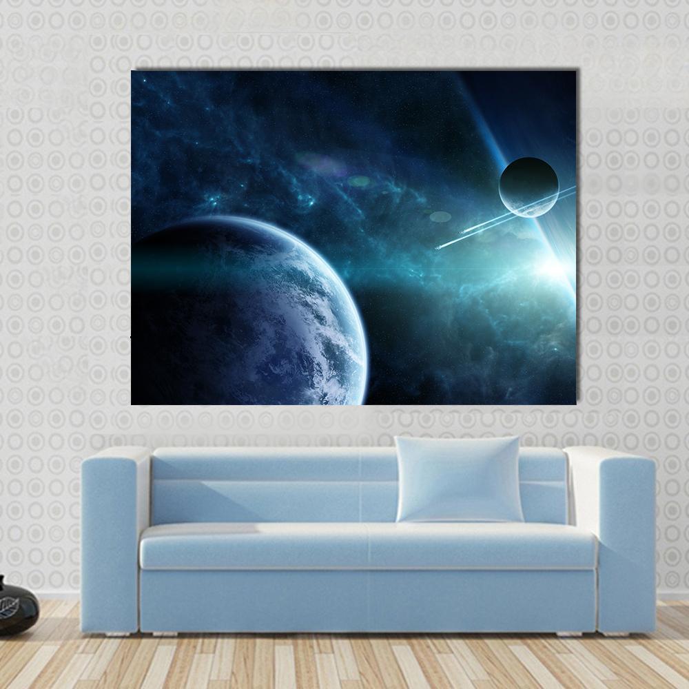 View of a Distant Planet System from Space Canvas Wall Art in black, blue and navy, single panel hung on a wall