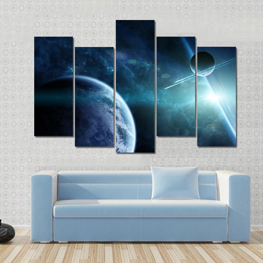 View Of A Distant Planet System From Space Canvas Wall Art-5 Pop-Gallery Wrap-47" x 32"-Tiaracle