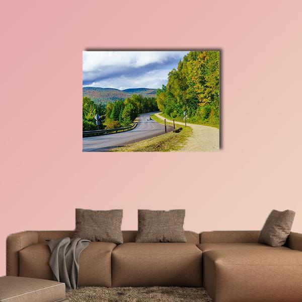 Winding Mountain Road and Footpath Canvas Wall Art in gray, green and blue, single panel hung on a wall