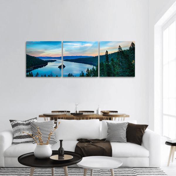 Lake Tahoe Bay Aerial View Panoramic Canvas Wall Art in green and blue, hung on a wall