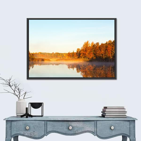 View Of A Lake With Mist At Dawn Canvas Wall Art-1 Piece-Floating Frame-24" x 16"-Tiaracle