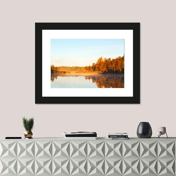 View Of A Lake With Mist At Dawn Canvas Wall Art-1 Piece-Framed Print-20" x 16"-Tiaracle