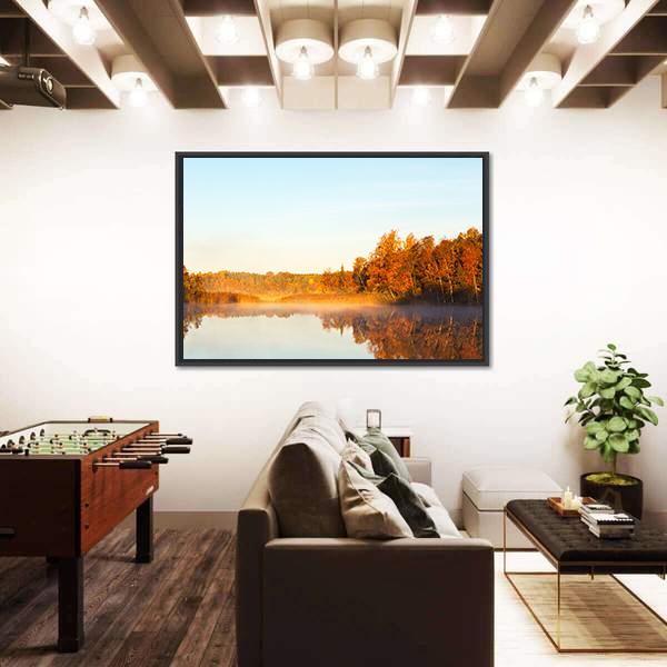 View Of A Lake With Mist At Dawn Canvas Wall Art-3 Horizontal-Gallery Wrap-25" x 16"-Tiaracle