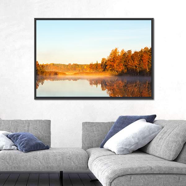 View Of A Lake With Mist At Dawn Canvas Wall Art-3 Horizontal-Gallery Wrap-25" x 16"-Tiaracle
