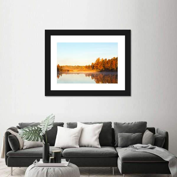 View Of A Lake With Mist At Dawn Canvas Wall Art-3 Horizontal-Gallery Wrap-25" x 16"-Tiaracle