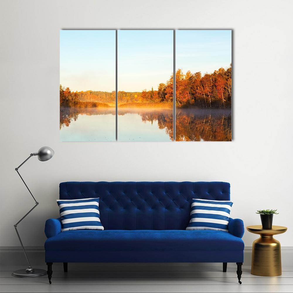 View Of A Lake With Mist At Dawn Canvas Wall Art-3 Horizontal-Gallery Wrap-37" x 24"-Tiaracle