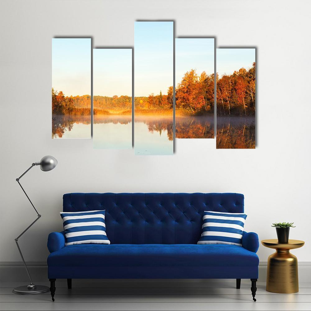 View Of A Lake With Mist At Dawn Canvas Wall Art-5 Pop-Gallery Wrap-47" x 32"-Tiaracle