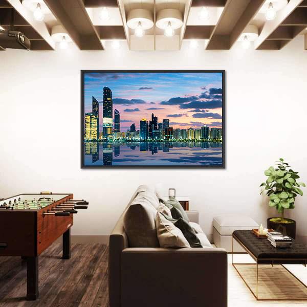 View Of Abu Dhabi Skyline At Sunset Panoramic Canvas Wall Art-1 Piece-36" x 12"-Tiaracle
