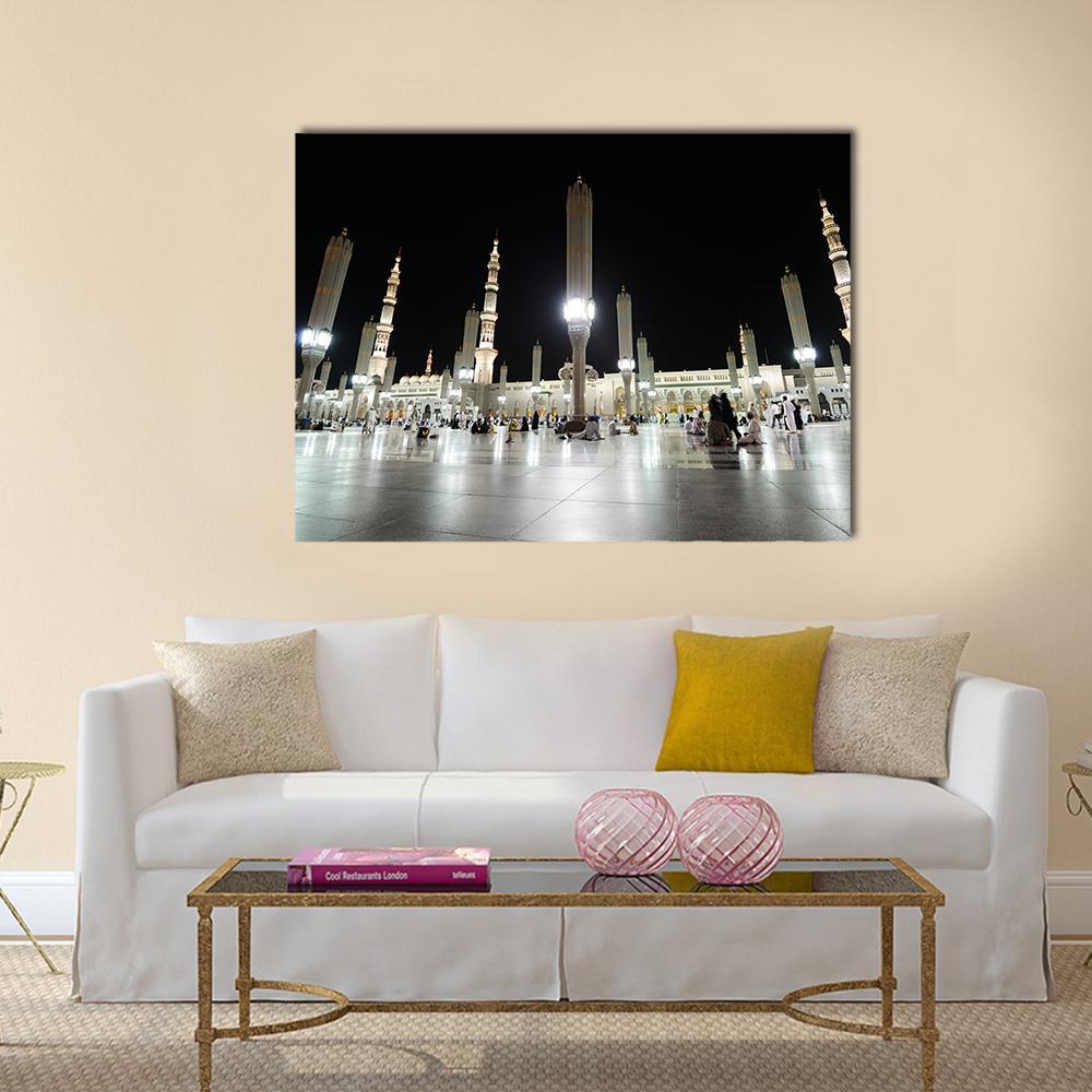 Al Nabawi Mosque Night View in Medina Canvas Wall Art in black, white and gold, single panel hung on a wall