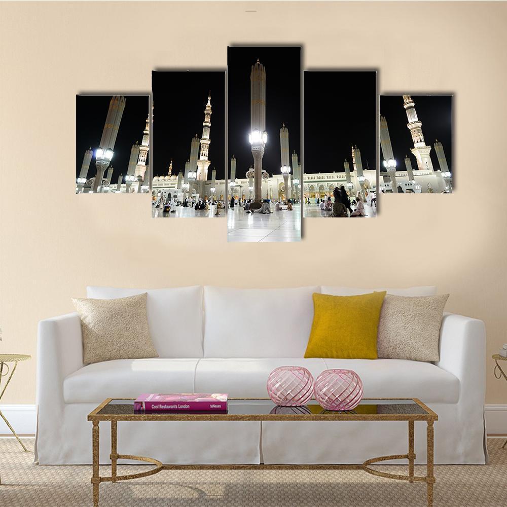 View Of Al Nabawi Mosque At Night Medinah Canvas Wall Art-3 Horizontal-Gallery Wrap-37" x 24"-Tiaracle