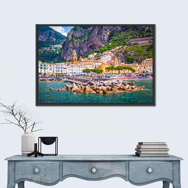 View Of Amalfi Mediterranean Coast Canvas Wall Art-1 Piece-Floating Frame-24" x 16"-Tiaracle