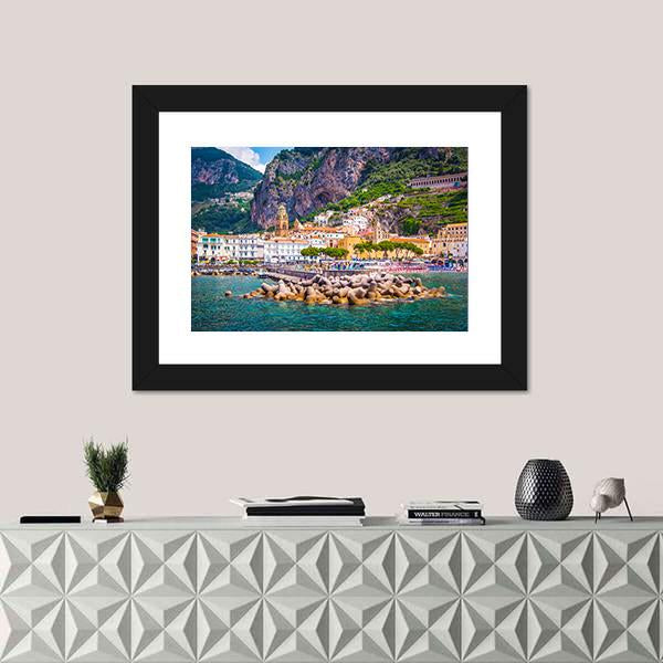 View Of Amalfi Mediterranean Coast Canvas Wall Art-1 Piece-Framed Print-20" x 16"-Tiaracle