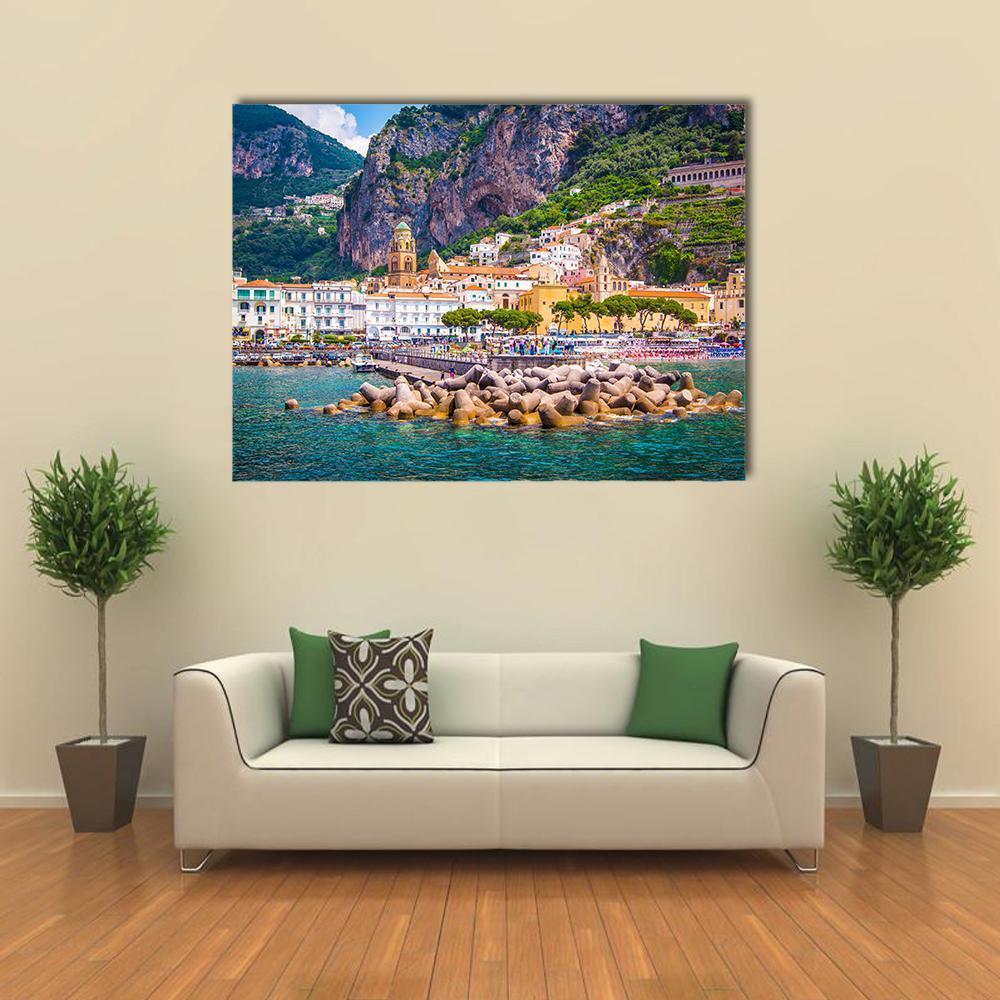 Amalfi Coast Harbor with Church Tower Canvas Wall Art in beige, green and blue, single panel hung on a wall