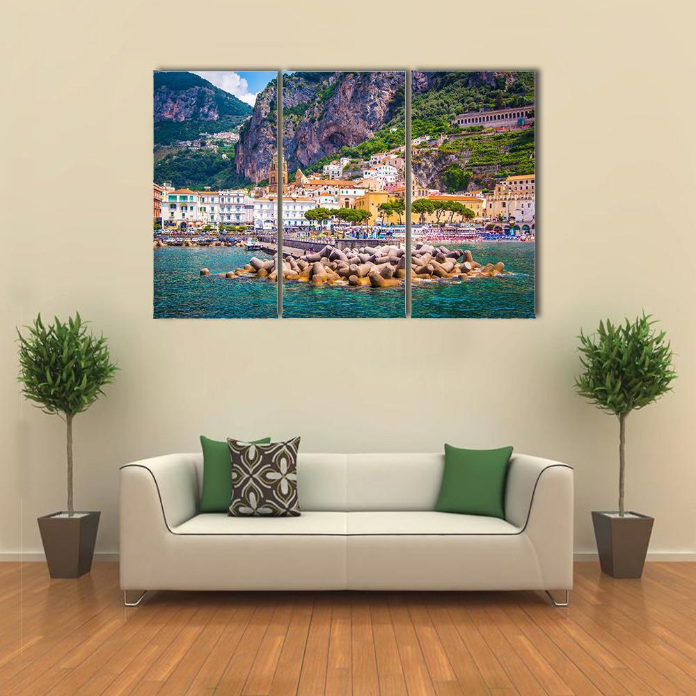 View Of Amalfi Mediterranean Coast Canvas Wall Art-3 Horizontal-Gallery Wrap-37" x 24"-Tiaracle
