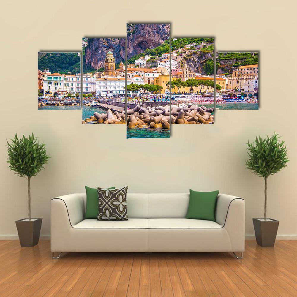 View Of Amalfi Mediterranean Coast Canvas Wall Art-5 Star-Gallery Wrap-62" x 32"-Tiaracle