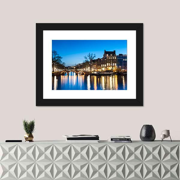 View Of Amsterdam By Night Canvas Wall Art-1 Piece-Framed Print-20" x 16"-Tiaracle