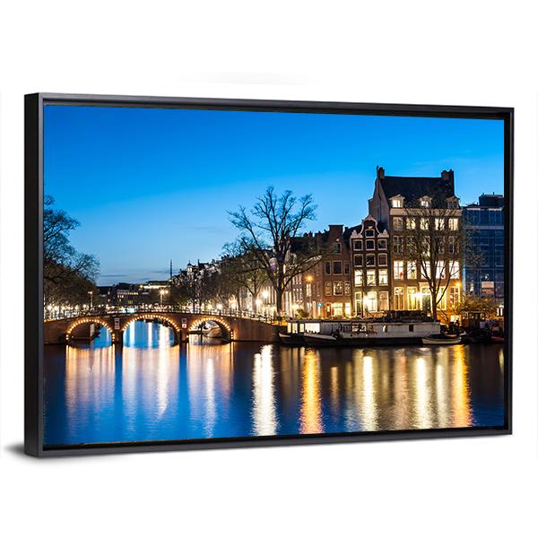 View Of Amsterdam By Night Canvas Wall Art-3 Horizontal-Gallery Wrap-25" x 16"-Tiaracle
