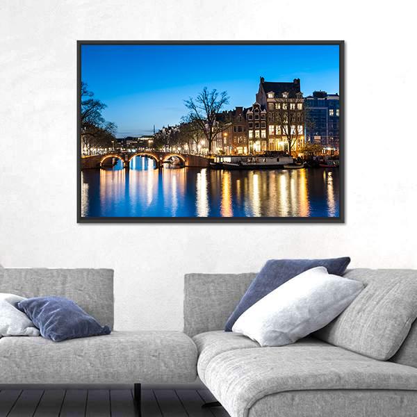 View Of Amsterdam By Night Canvas Wall Art-3 Horizontal-Gallery Wrap-25" x 16"-Tiaracle
