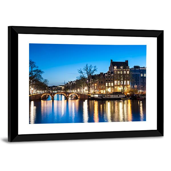 View Of Amsterdam By Night Canvas Wall Art-3 Horizontal-Gallery Wrap-25" x 16"-Tiaracle