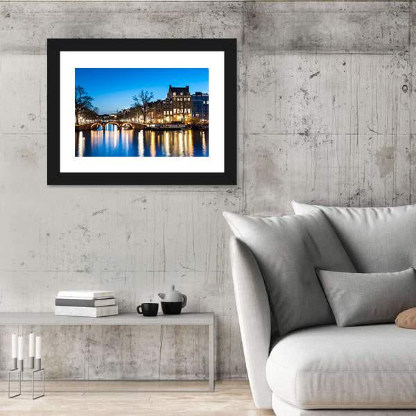 View Of Amsterdam By Night Canvas Wall Art-3 Horizontal-Gallery Wrap-25" x 16"-Tiaracle