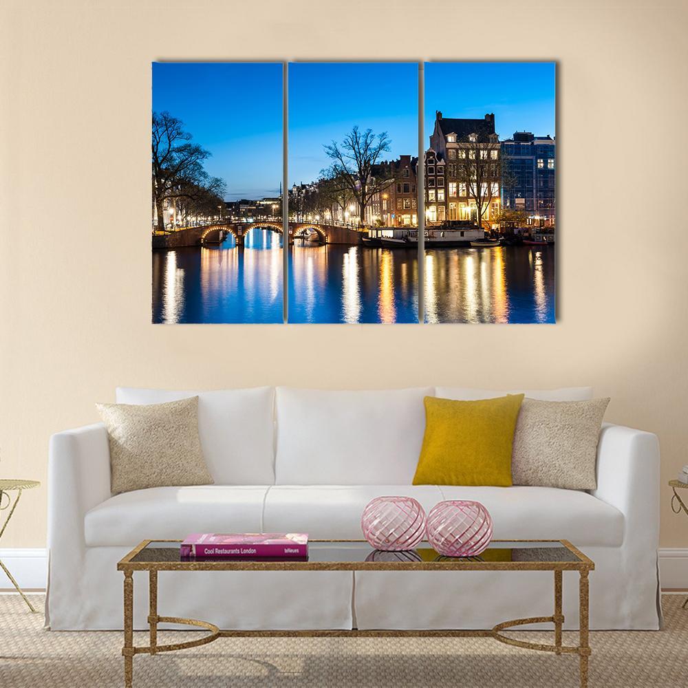 View Of Amsterdam By Night Canvas Wall Art-3 Horizontal-Gallery Wrap-37" x 24"-Tiaracle