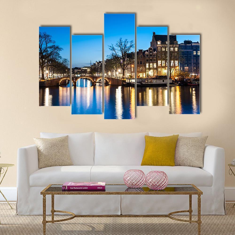 View Of Amsterdam By Night Canvas Wall Art-5 Pop-Gallery Wrap-47" x 32"-Tiaracle