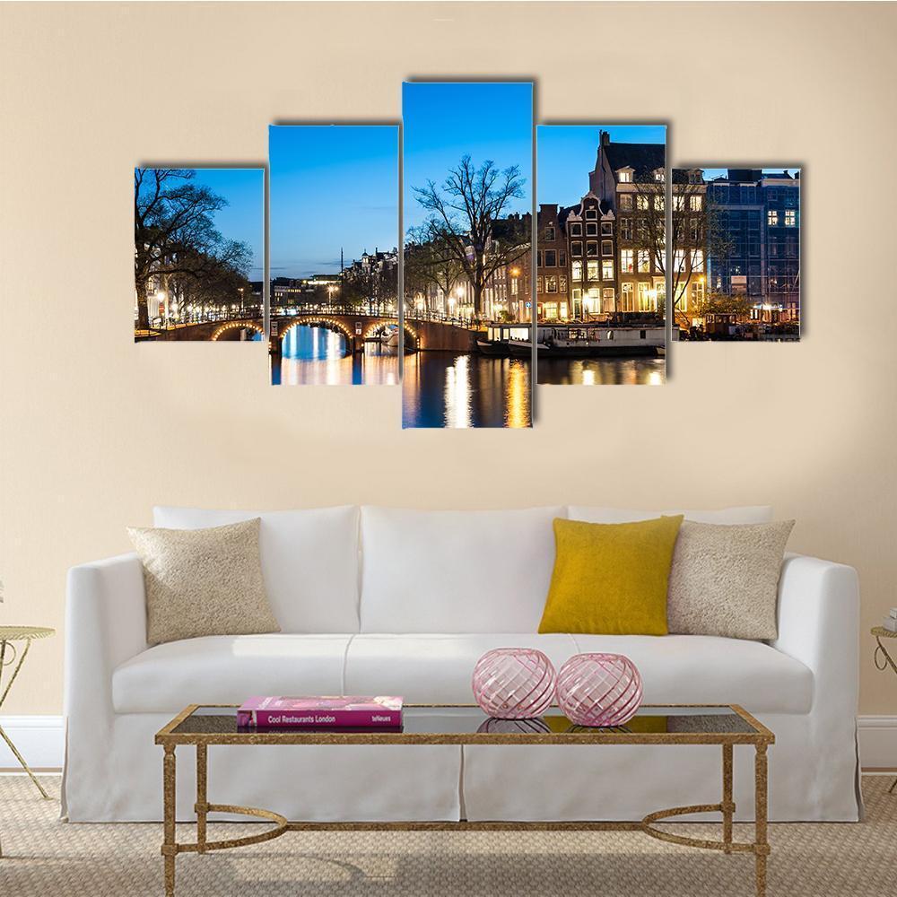 View Of Amsterdam By Night Canvas Wall Art-5 Star-Gallery Wrap-62" x 32"-Tiaracle
