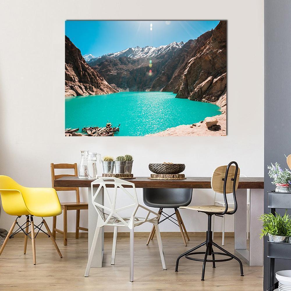 Attabad Lake View, Northern Pakistan Canvas Wall Art in white, brown and blue, single panel hung on a wall