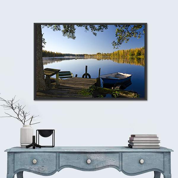 View Of Autumn Lake Canvas Wall Art-1 Piece-Floating Frame-24" x 16"-Tiaracle