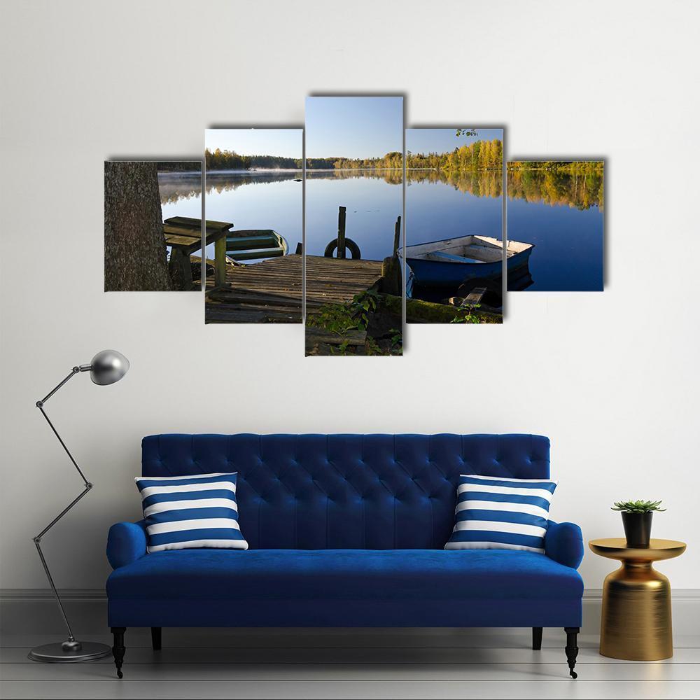 View Of Autumn Lake Canvas Wall Art-5 Star-Gallery Wrap-62" x 32"-Tiaracle