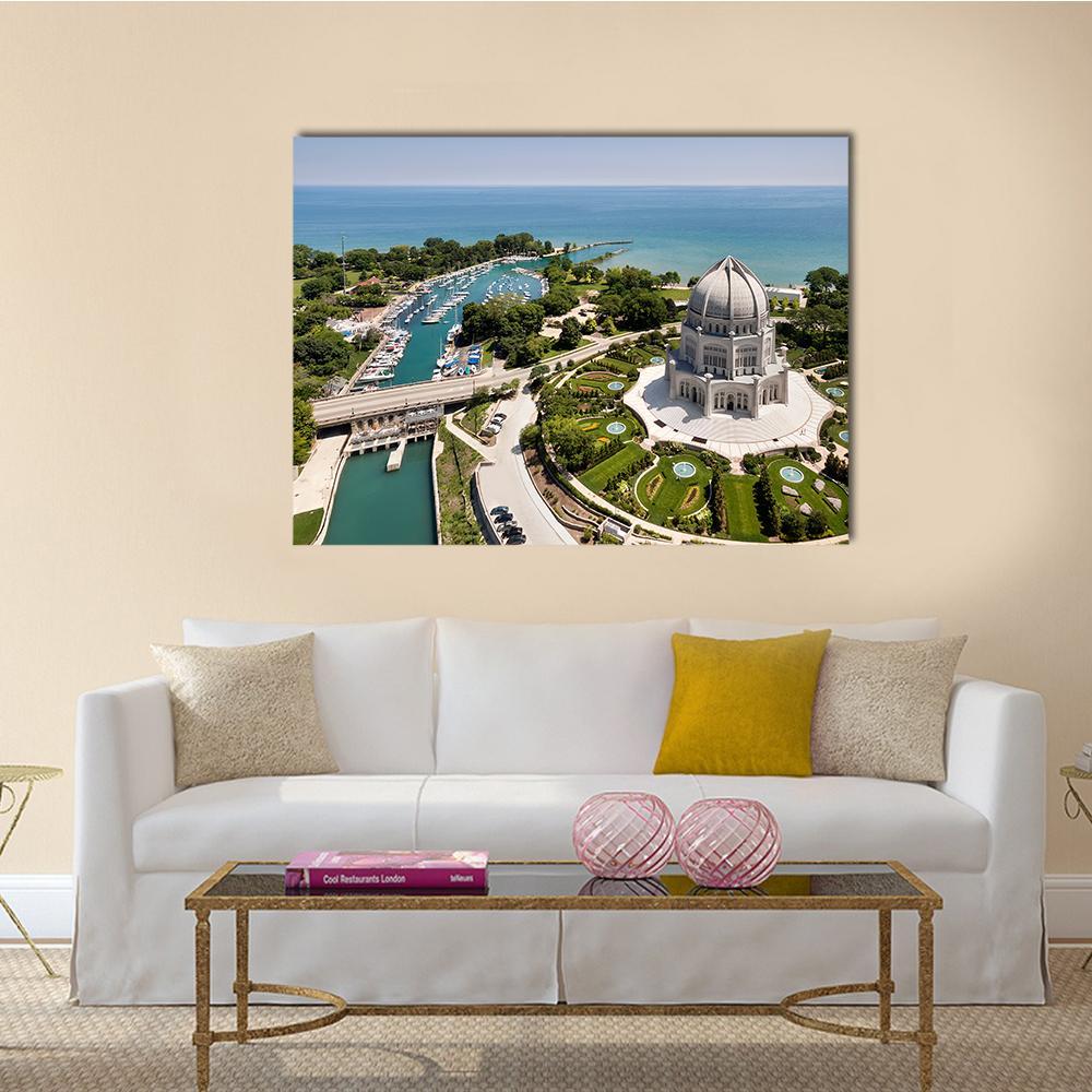 Baha'i Temple and Wilmette Harbor Canvas Wall Art in white, green and blue, single panel hung on a wall
