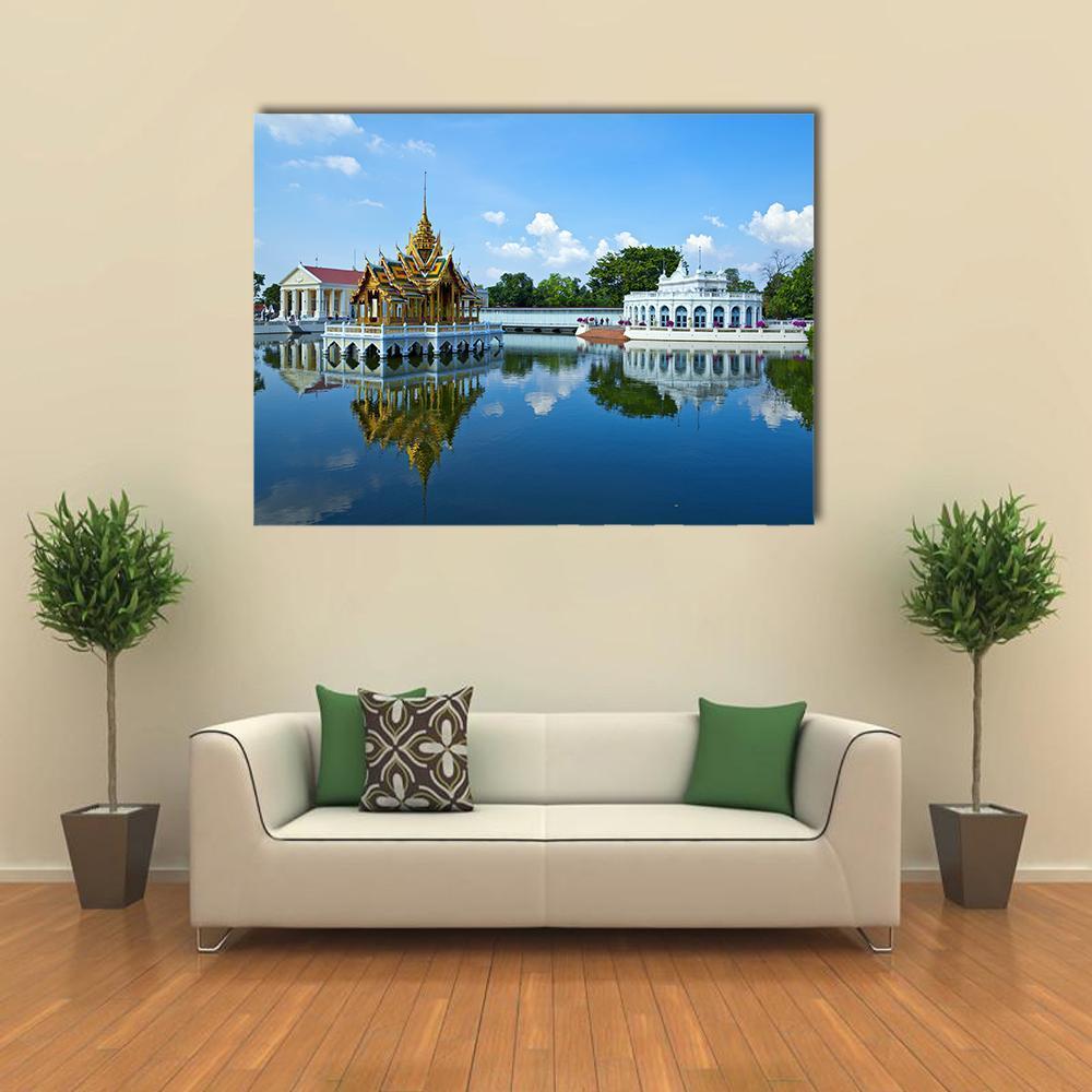 Bang Pa in Palace Reflections Canvas Wall Art in white, gold and blue, single panel hung on a wall