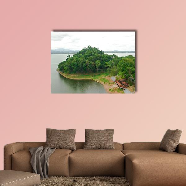 Bang Phra Reservoir View Canvas Wall Art in white, gray and green, single panel hung on a wall