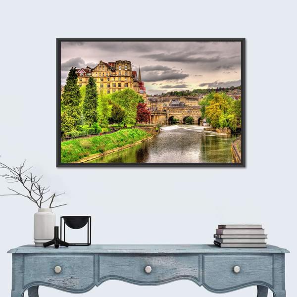 View Of Bath Town Over The River Avon Canvas Wall Art-1 Piece-Floating Frame-24" x 16"-Tiaracle