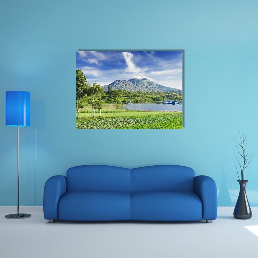Batur Volcano View, Bali Canvas Wall Art in green and blue, single panel hung on a wall