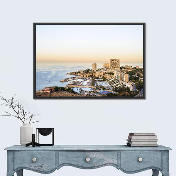 Beirut Harbor View Canvas Wall Art in white, beige and blue, framed canvas, product view on a white background