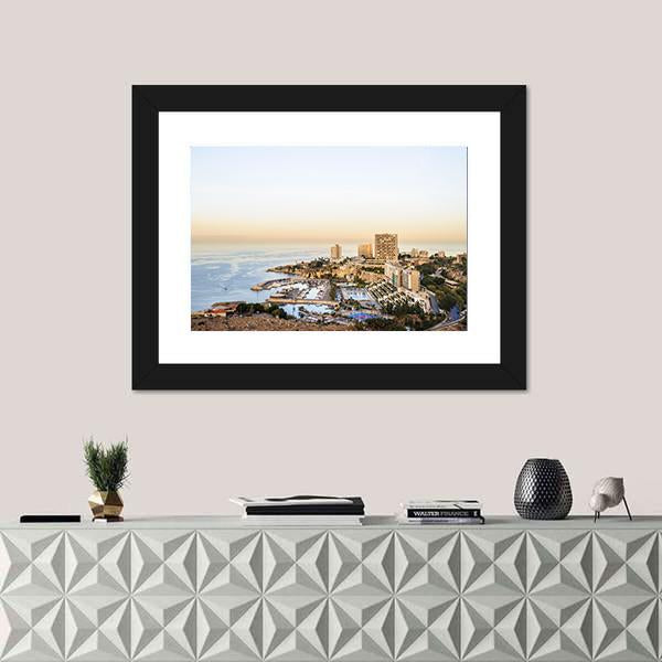 Beirut Harbor View Canvas Wall Art in white, beige and blue, framed print, product view on a white background
