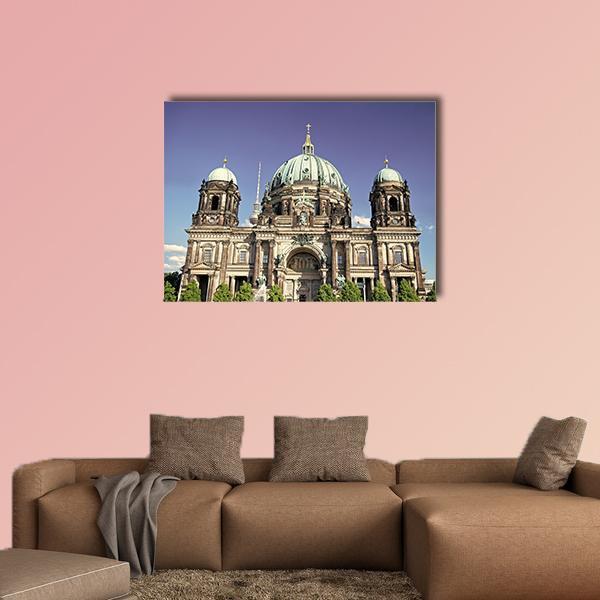 Berlin Cathedral Dome and Towers Canvas Wall Art in gray, brown and blue, single panel hung on a wall