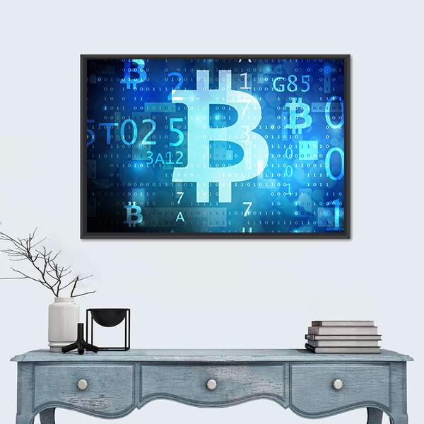 Bitcoin Symbol on Blue Digital Grid Canvas Wall Art in black and blue, framed canvas, product view on a white background