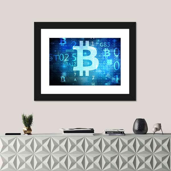 Bitcoin Symbol on Blue Digital Grid Canvas Wall Art in black and blue, 5 panel Star layout hung on a wall