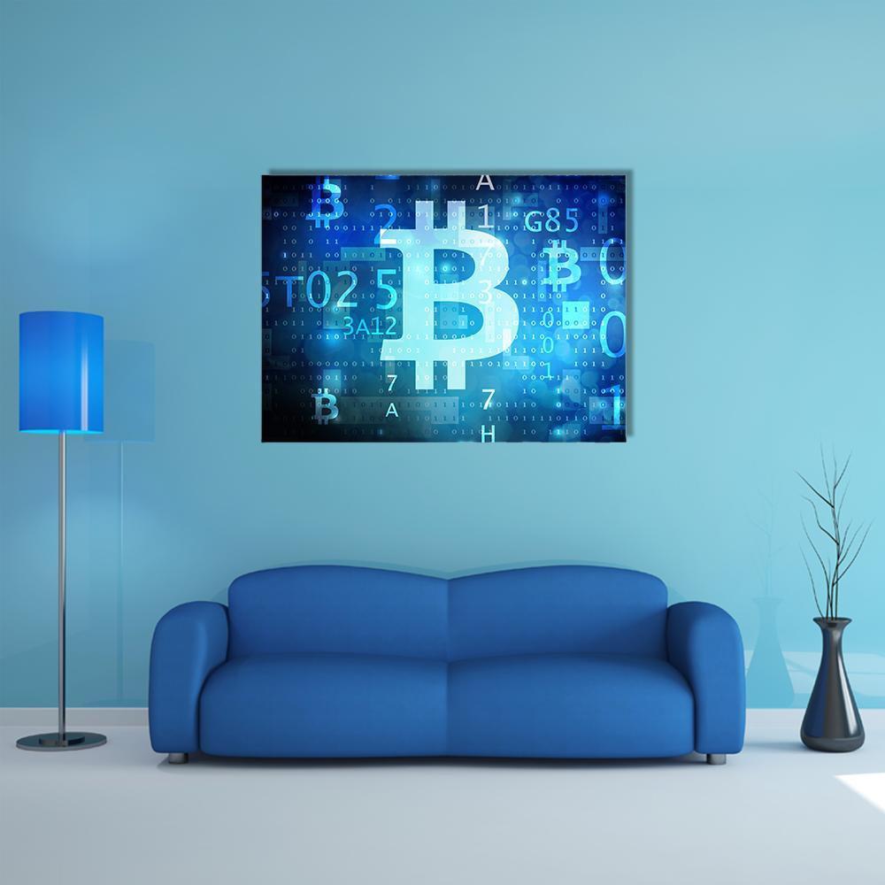 Bitcoin Symbol on Blue Digital Grid Canvas Wall Art in black and blue, 5 panel Star layout hung on a wall
