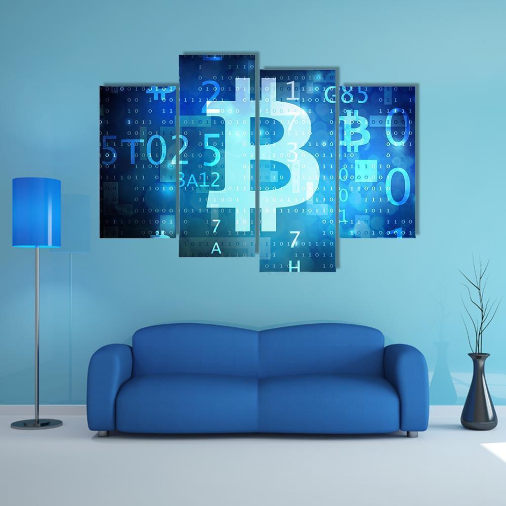 Bitcoin Symbol on Blue Digital Grid Canvas Wall Art in black and blue, 4 panel Pop layout hung on a wall