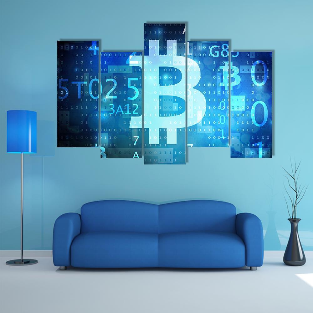 Bitcoin Symbol on Blue Digital Grid Canvas Wall Art in black and blue, 5 panel Star layout hung on a wall