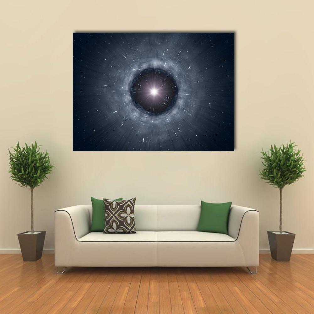 View of a Black Hole Canvas Wall Art in black, gray and blue, single panel hung on a wall