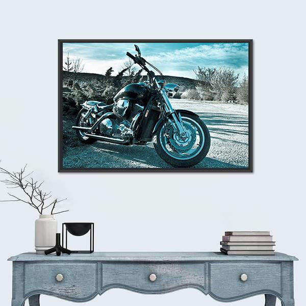 View Of Black Powerful Chopper In Nature Canvas Wall Art-1 Piece-Floating Frame-24" x 16"-Tiaracle